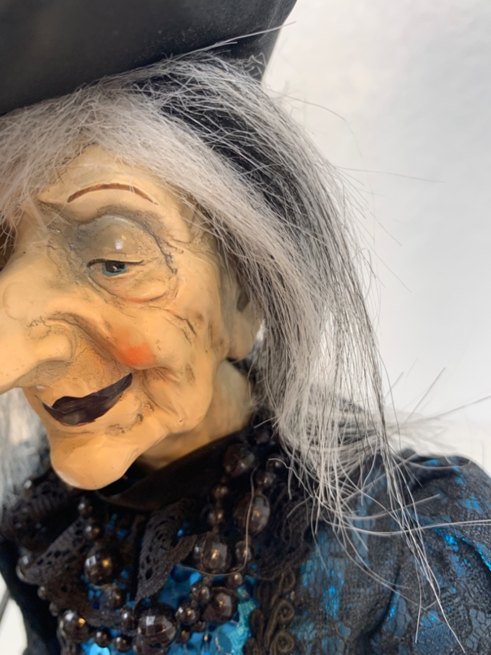 Spooky Old Witch With Broom Doll Shelf Sitter Blue Black Halloween Scary Decor - Picture 5 of 16